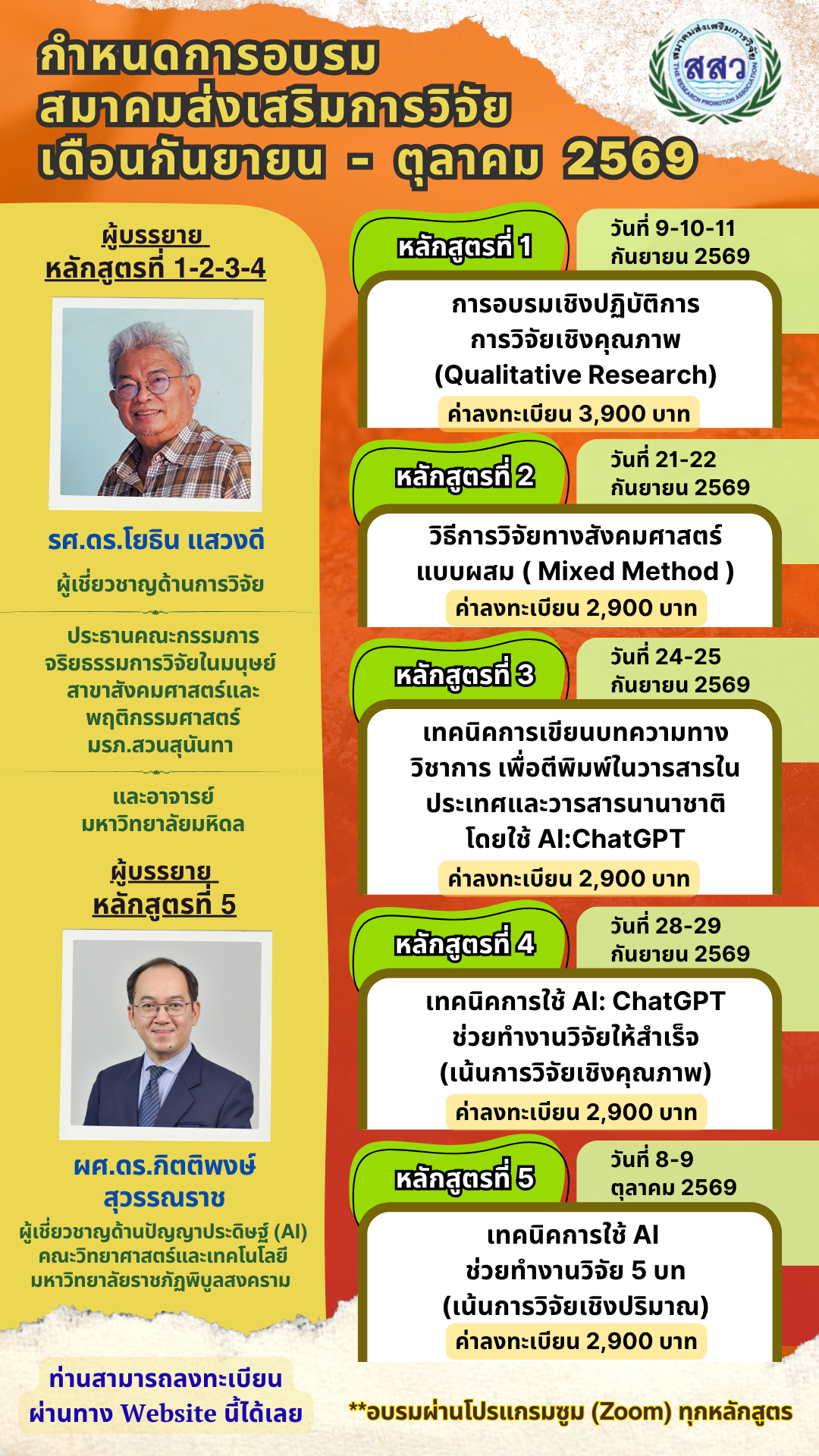 Read more about the article สมาคมส่งเสริมการวิจัยเปิดอบรมการวิจัย 5 หลักสูตร ในระบบ ON – LINE